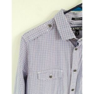 Men's Express Summer Plaid Button Up Cotton Military Shoulder Purple Work Shirt